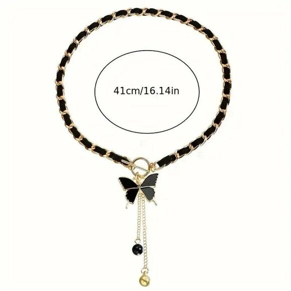 Elegant Black Butterfly Pendant Necklace with Tassel Charm - Picture 3 of 3